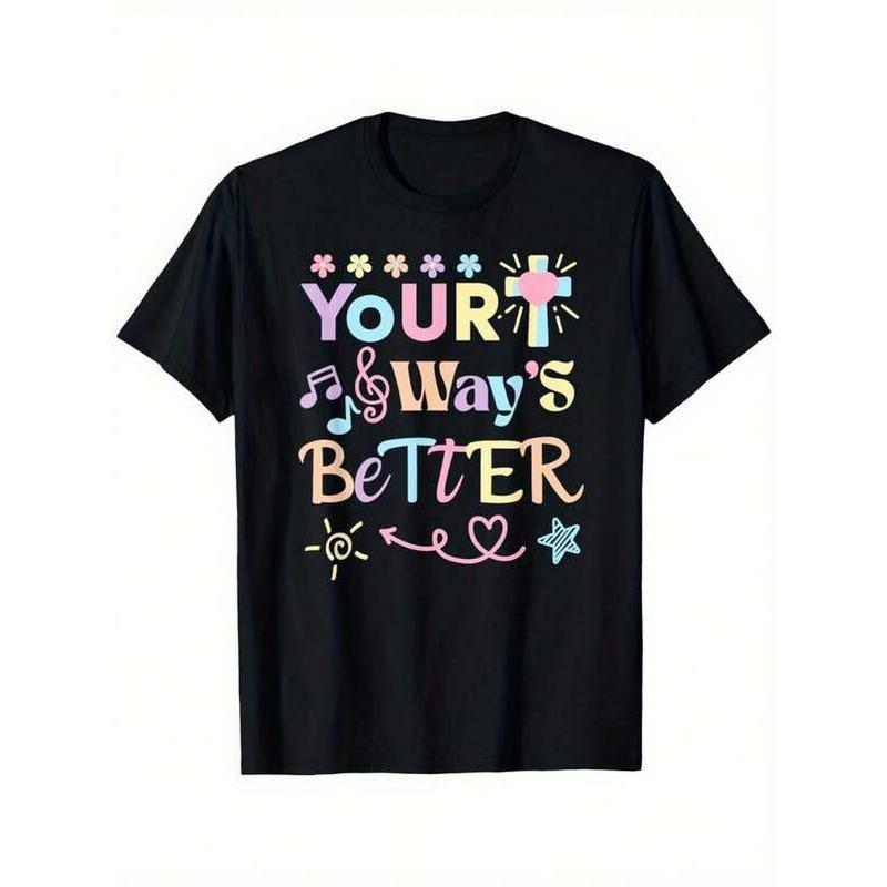 

European sizes Girls Short Sleeve T-Shirt - Colorful Your Way S Better Music & Cross Print with Hearts & Stars, Cute Easter Summer Casual Top 164cm чорний