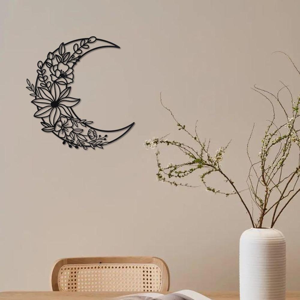 Wrought Iron Moon Wall Art, Boho Metal Floral Decor Home Hanging Ornament
