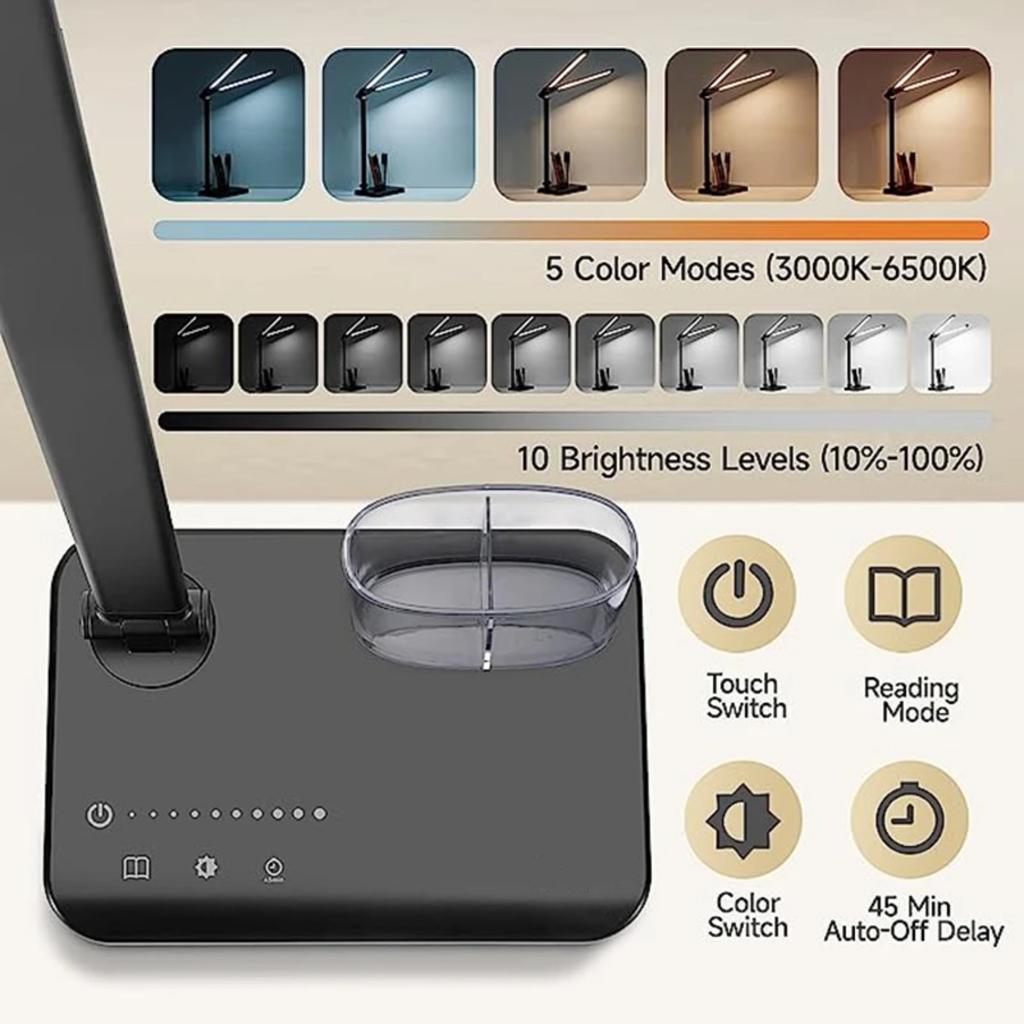 Ny skrivebordslampe med dobbel svingarm og berøringskontroll, 5 lysmoduser, dimbar lysstyrke, studielampe