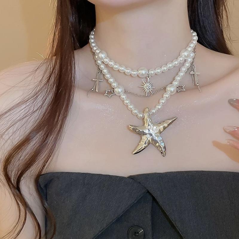 Collar de Perlas de Imitación Gris Plateado para Mujer Cadena Larga para Suéter Collar Apilado Joyería de Lujo para Clavícula Accesorios