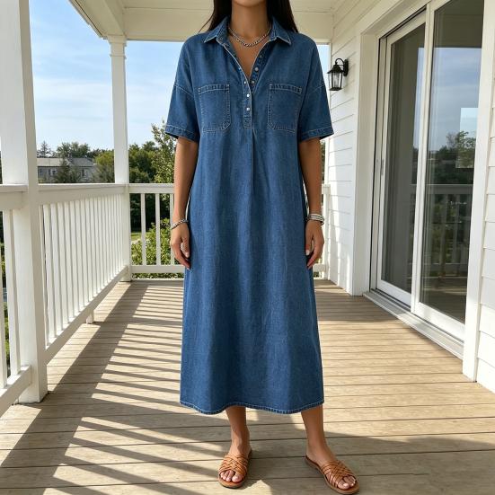 Robe chemise en jean pour femme Décontractée Manches courtes Boutonnée Jean Midi Robe Longue A-line Vintage avec Poches
