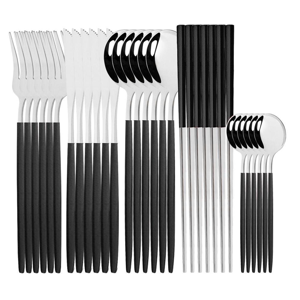 Set di posate occidentali Set di stoviglie Stoviglie in acciaio inossidabile Cucchiaio nero Forchetta Coltello Bacchette Set da cena Posate complete per la casa