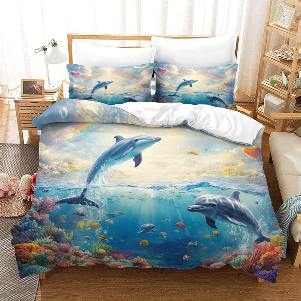 CartoonDolphin  Motif Bed Linen,Microfibre Bedding Sets, Children's Bed Linen  for Teenagers  adult  3-Piece Duvet Cover