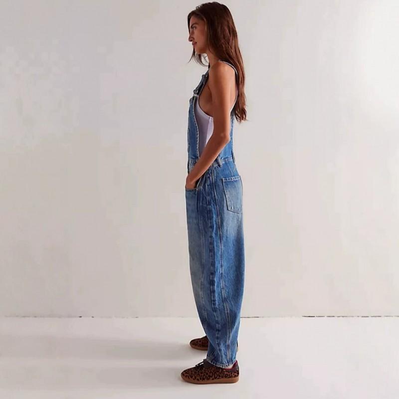Tuta di jeans da donna a gamba dritta, vestibilità rilassata, stile streetwear, misto cotone