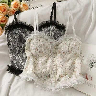 Sexy tílka Krajka Květinový potisk Crop Tops Ženy Letní Košilka Móda Perlový dekor Tube Top Dámská vesta bez rukávů