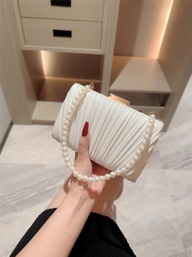 Ladies casual Pleated Design Satin Box Dinner Bag Faux Pearl Handbag Romantic Wedding Bag Bridal Bag Banquet Bag Evening Bag Prom Bag Chain Bag