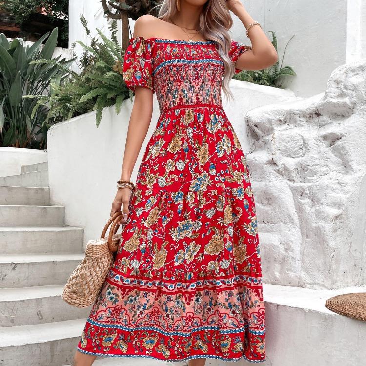 

Vintage Bohemia Floral Print Women Casual Dress Short Sleeve Spring Summer XL