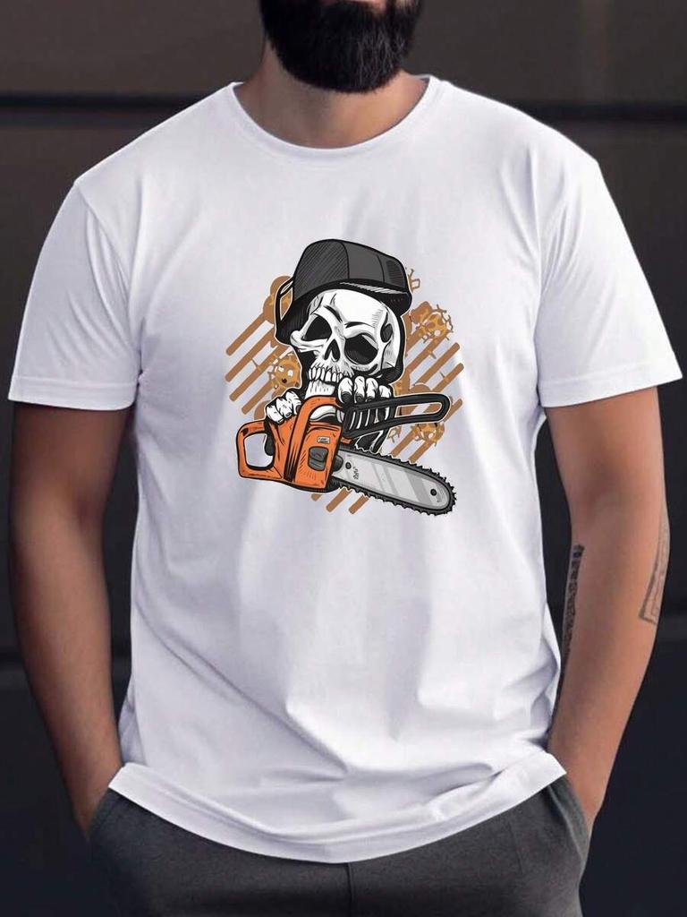 Hollow And Chainsaw Print T-Shirt,Unisex's T-Shirt, Summer Casual Short-Sleeved T-Shirt