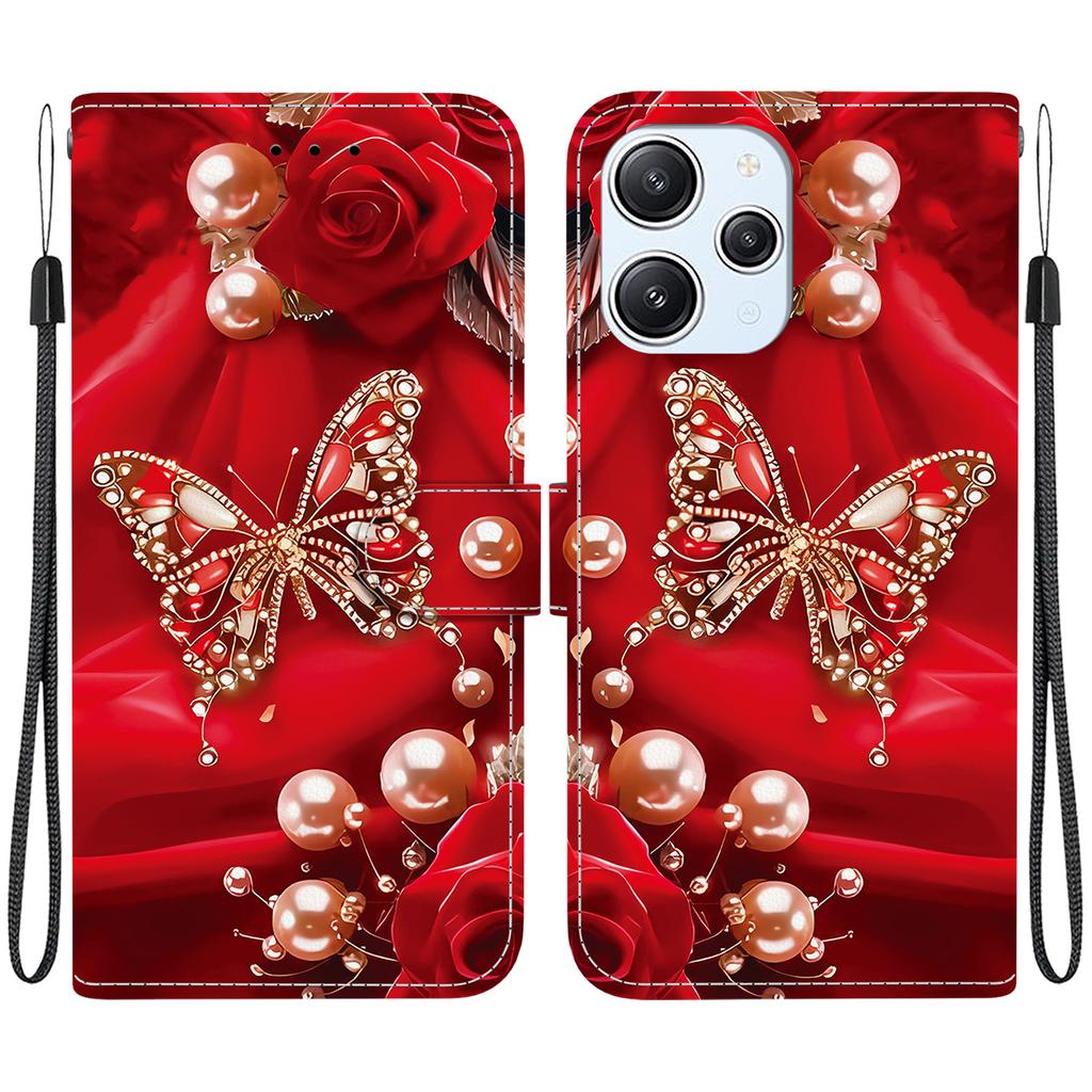 Handgefertigte PU-Leder-Klapphülle für Redmi 12 / Redmi 12 5G Rutschfeste Stoßfeste Hülle mit Handschlaufe & Herz/Rose Katze Designs