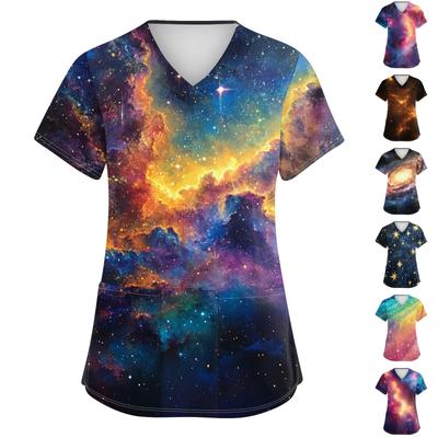 Women's Fashion V-neck Short Sleeve Workwear With Pockets Printed Tops