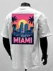 Unisex 100% Baumwolle Miami Stadtlandschaft Druck T-Shirt Retro Sonnenuntergang Palmenbaum Muster Lockerer Schnitt Tropischer Urlaub Sommer Oberteil
