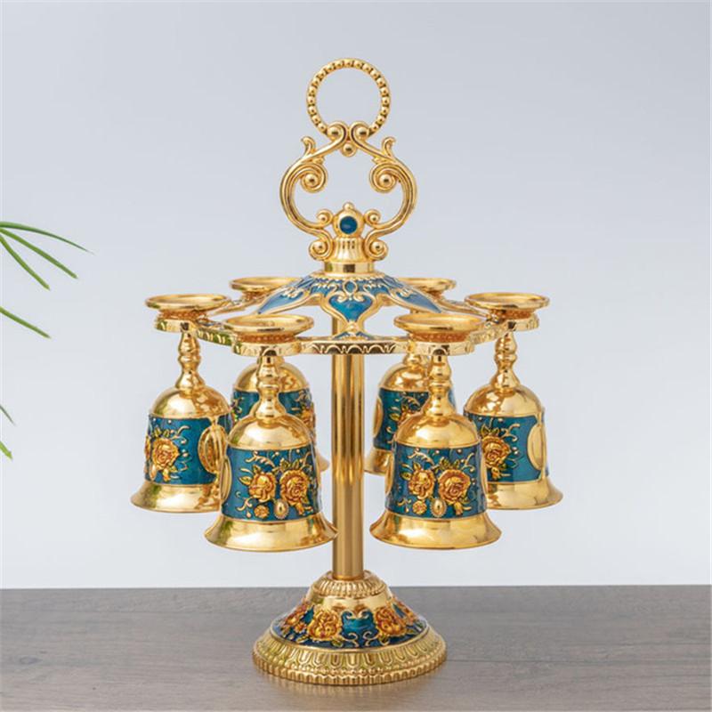 6cups /set European Vintage Metal Engraving Flower Goblet Wine Cup with Holder Display Rack Art Craft Decoration Home Ornaments
