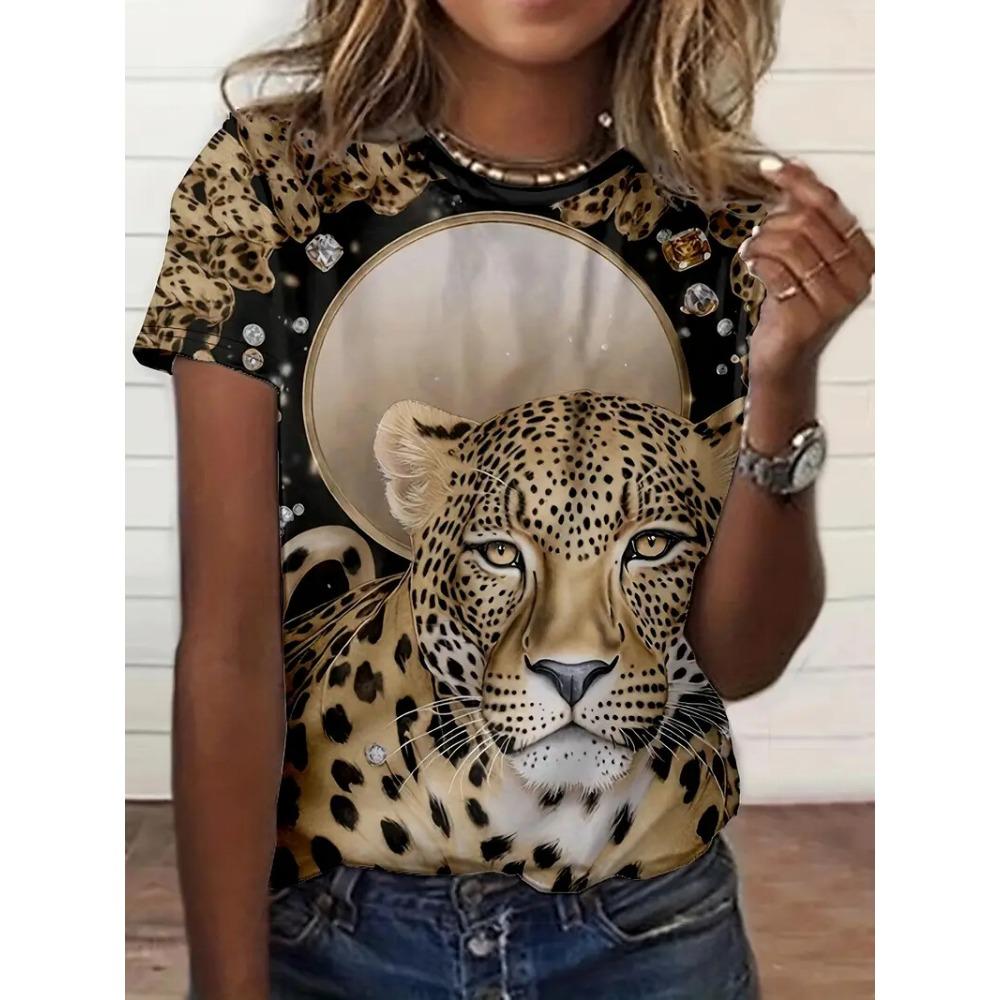 Casual Women's T-Shirt Summer Round Neck Short Sleeve Leopard Pattern Print Outdoor Female T Shirts Fashion oversize Clothing