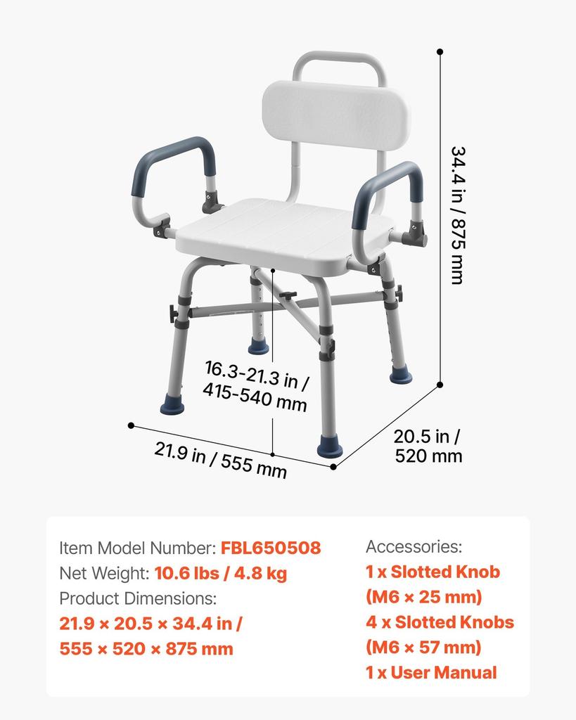 Swivel Shower Chair with Arms and Back, 227 kg Load Heavy Duty Bench Seat for Inside Shower Stall and Bathtub, Height Adjustable Bathroom Bath Tub