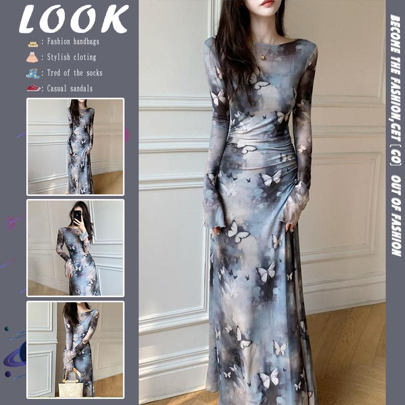 Cold ink and wash retro inner hip skirt women s spring and autumn new waist and thin imperial sister beautiful temperament dress S [excellent quality]