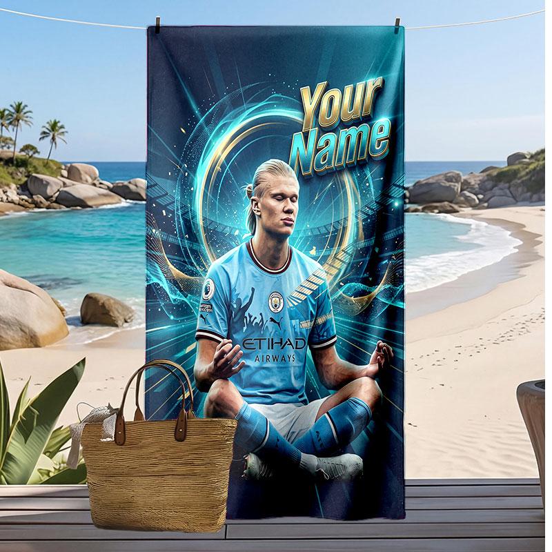 Asciugamano da Spiaggia Personalizzato Stampato Erling Haaland Logo Calcio Supporto Nome Personalizzato Testo Asciugamano Assorbente Per Sport Viaggio Regalo Speciale
