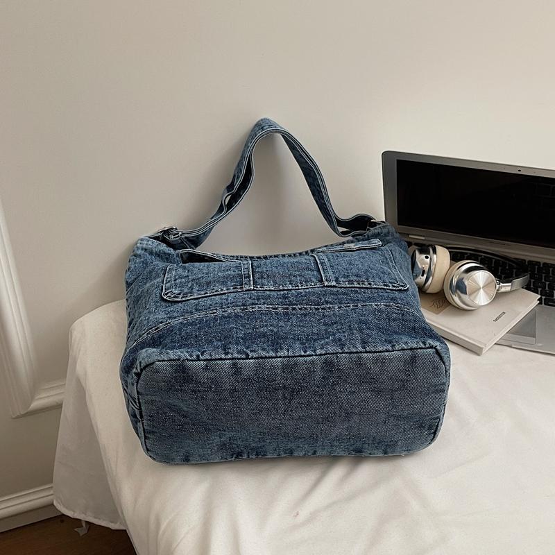 Vintage Large Capacity Denim Tote Bag Women's Shoulder Bag Commuter Crossbody Bag