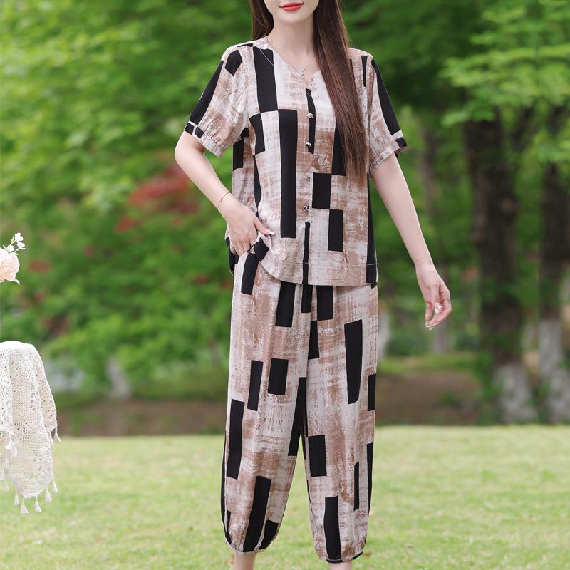 

Елегантні жіночі брючні костюми Літній повсякденний комплект з двох предметів для жінки Вінтажний одяг 5XL