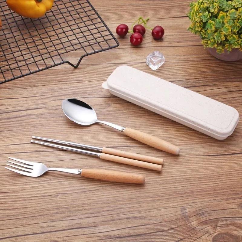 Wooden Handle Stainless Steel Tableware Three-Piece Set Chopsticks Fork Spoon Students Outdoor Travel Gift Tableware Set4