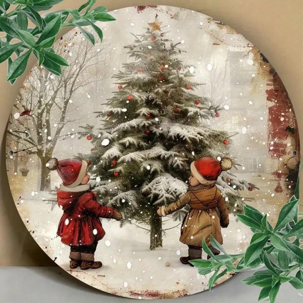 Vintage Metal Tin Sign 8x8 Inch Rustic Christmas Tree Snow Scene Wall Decor For Indoor Outdoor Home Farmhouse Holiday Patio