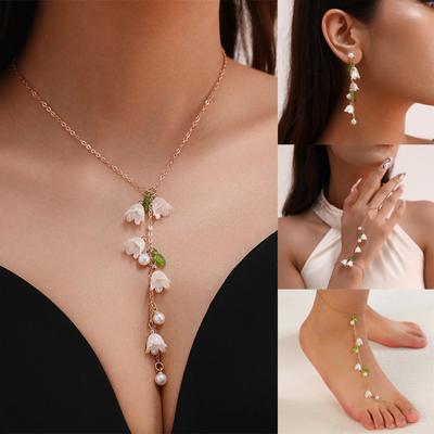 Pearl Flowers Jewelry Set Hand Chain May Bells Earrings Chic Lilies of The Valley Necklace  Girls