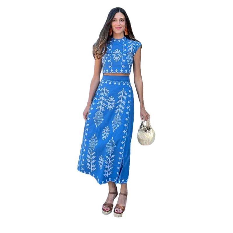 

Top and Skirt Set European and American Hot Sale Women Fashion Casual Positioning Print Holiday Style Long dress Two-piece Set Blue -1 XL