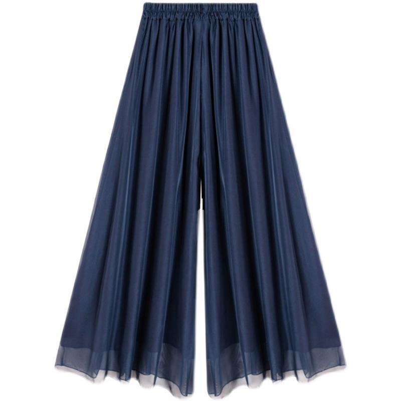 Chiffon Hose mit weitem Bein für Damen Sommer Temperament Übergröße Seidensatin Chiffon gefüttert Weitbein Rockhose