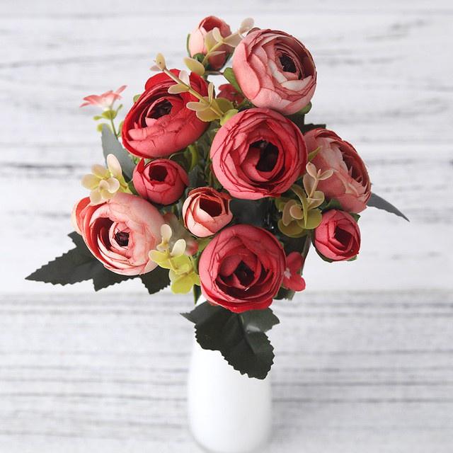 Dualswish European Vintage Bunga Hiasan Artificial Silk Rose Flowers 6 Head 4 Small Bud Bouquet Wedding Home Party Decoration