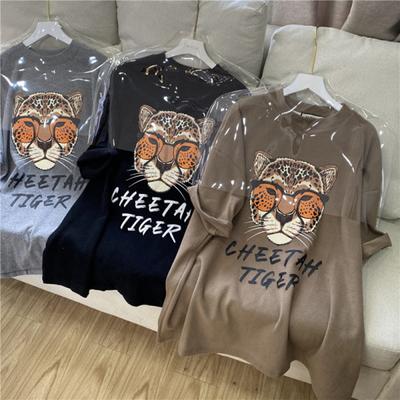 Tricou cu mânecă scurtă, stil nou, din bumbac cu blană, cu cap de tigru, imprimat cu desene animate, la modă, îngroșat, la începutul toamnei
