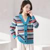 Striped Cashmere Cardigan Women's V-neck Casual Thick New Spring New Retro Jacquard Wool Sweater Knitted JSweater Jacket