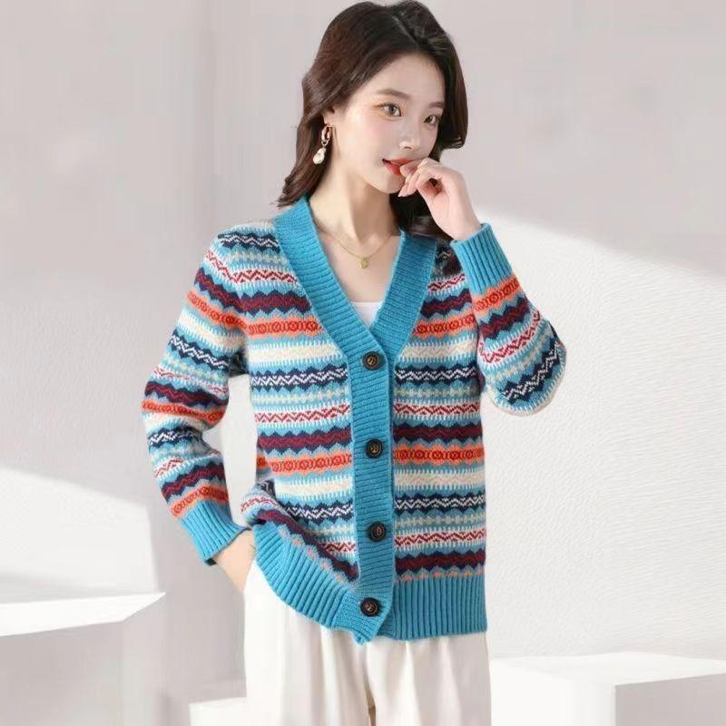 Striped Cashmere Cardigan Women's V-neck Casual Thick New Spring New Retro Jacquard Wool Sweater Knitted JSweater Jacket