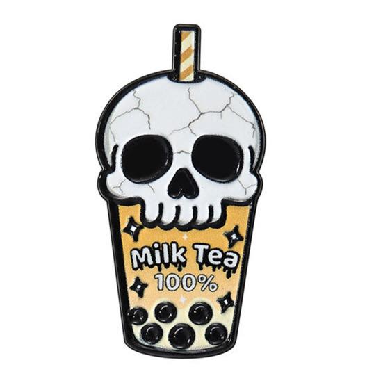 Halloween Badge Dark Gothic Style Skull Patten Milk Tea Shape Zinc Alloy Texture Brooch Versatile Clothing Accessory B