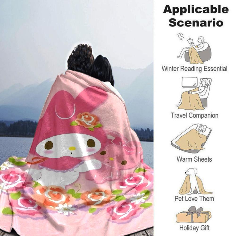 1pc My Melody Flowers Blanket Lightweight Flannel Throw for Sofa Bed Travel Camping Livingroom Office Couch Chair