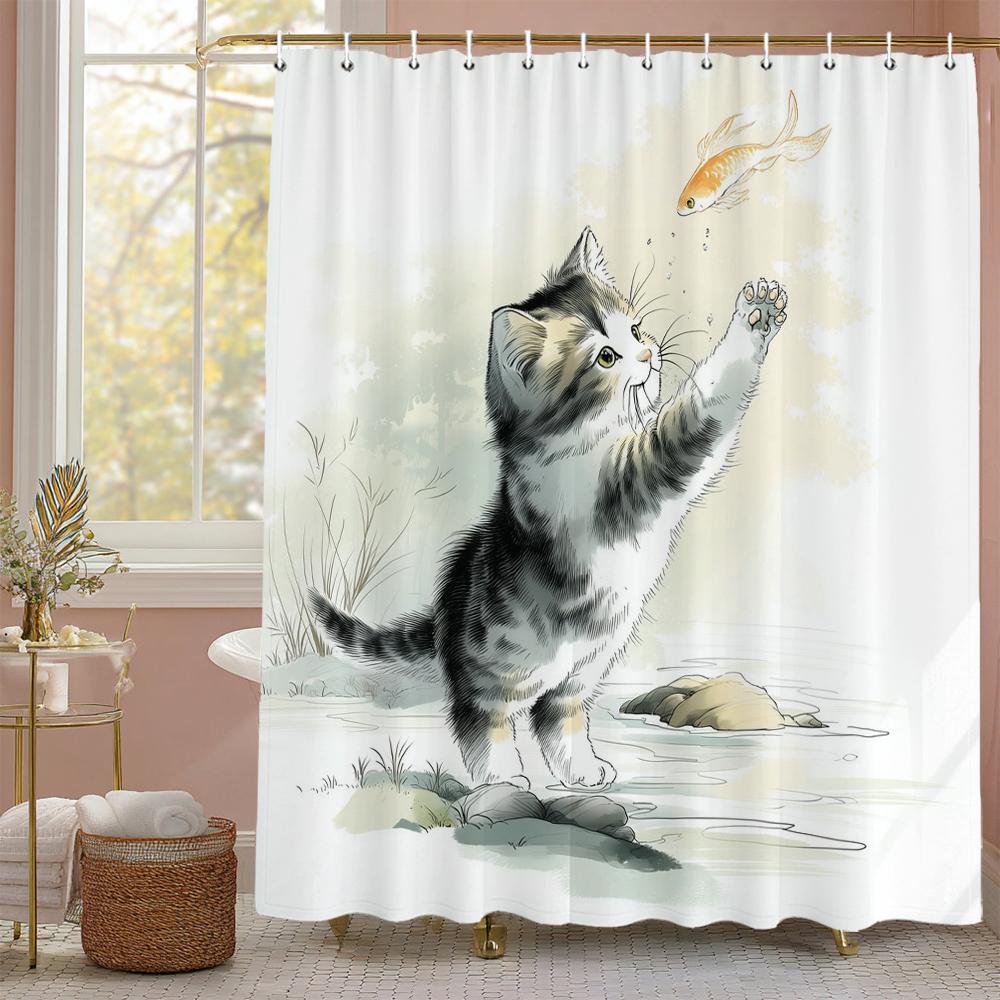 Creative Cartoon Cute Cat Funny Shower Curtain, Bathroom Decorative Shower Curtain, Waterproof Shower Curtain With Hooks