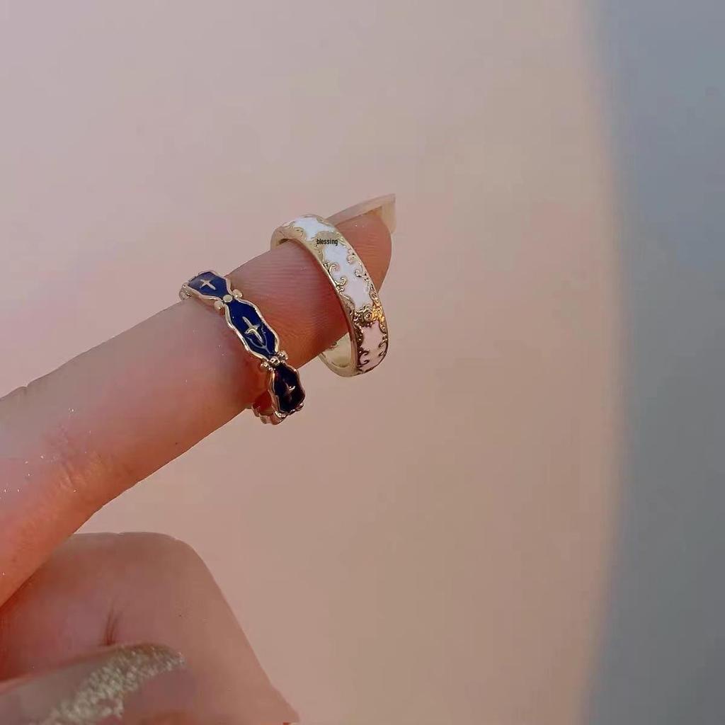 Blue Cross Pattern Enamel Ring: Women's Light Luxury Trend, 2023 Niche Design