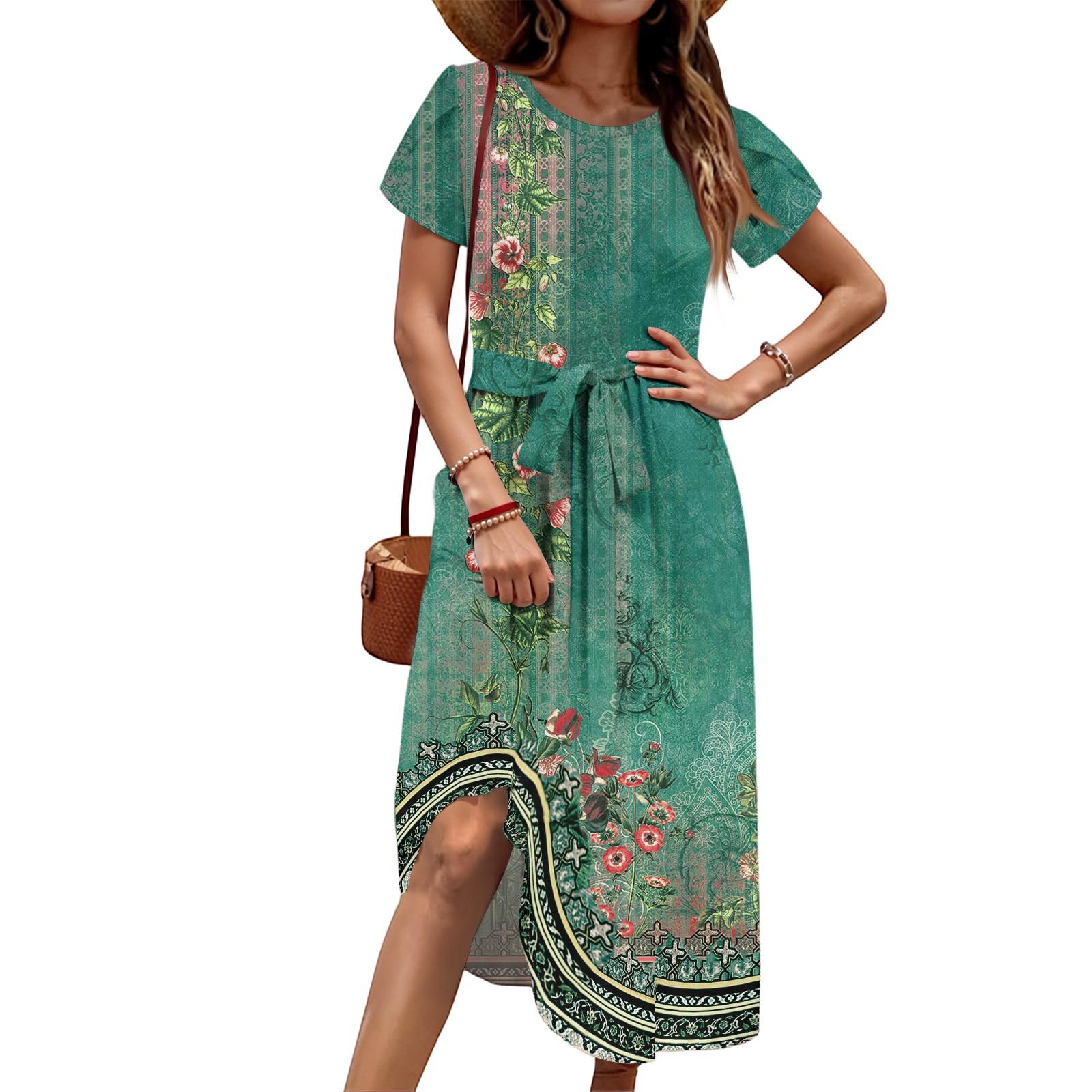 

Женское повседневное платье миди с милым узором и круглым вырезом, классическое повседневное свободное платье с коротким рукавом XXL зелёный