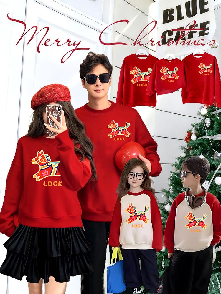 Family Matching Autumn/Winter Round Neck Sweatshirt - Red Festive New Year Print for Parent-Child Trio