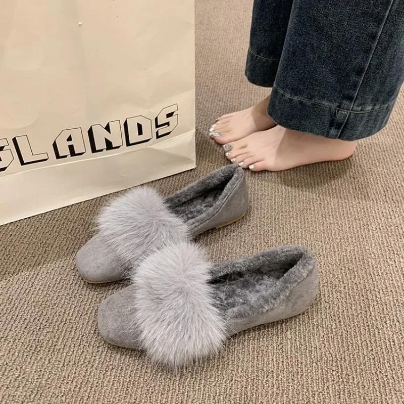 2026 New Spring Fur Lining Women Slip On Loafer Shoes Comfort Round Toe Cotton Shoes Street Style Outdoor Dress Flats Shoes