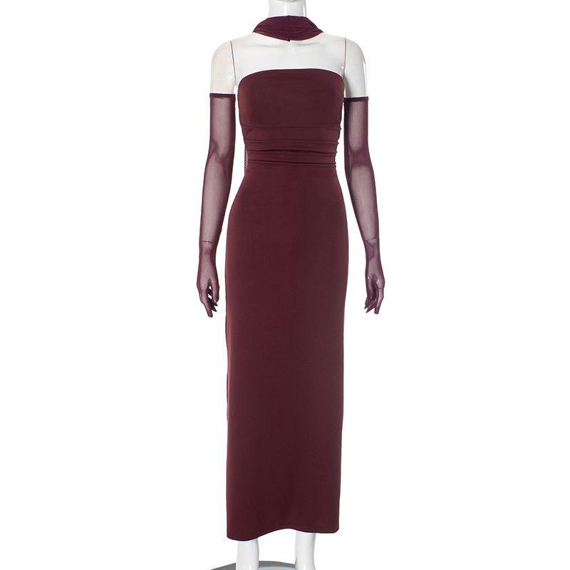 

Western Style Ins New Fashion Tube Top Waist Hugging Sheath Long dress Sexy Backless Gloves Hanging Neck Ribbon Dress Burgundy L