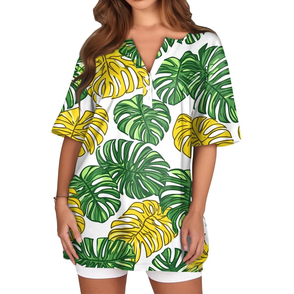 Women's T Shirt Print Button Short Sleeve Daily Weekend Fashion Basic V- Neck Regular Top