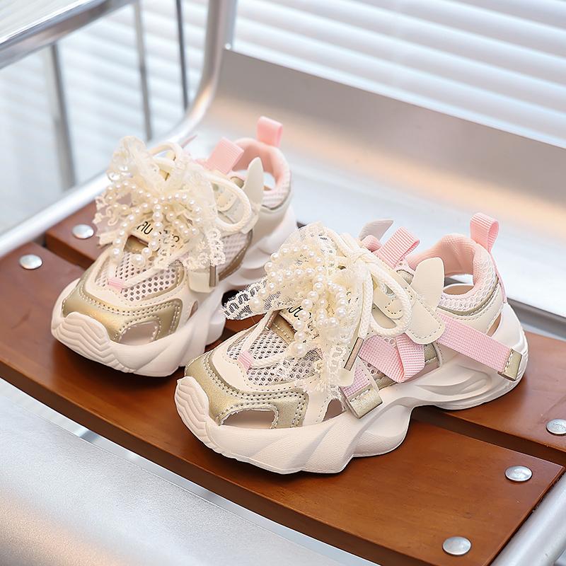 Girls Sports Sandals Mesh Breathable Kids Princess Shoes Sweet Lace Bows Beading 2025 Summer New Children Running Shoes Non-slip