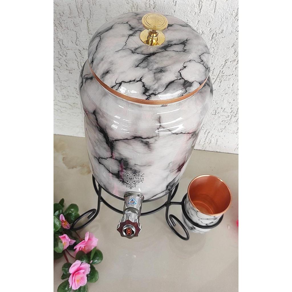Čistá měď Černobílý mramorový potisk Nádoba na vodu Silný plech s mosazným kohoutkem a měděnou sklenicí a stojanem, Skladování a servírování vody, Objem- 5 litrů