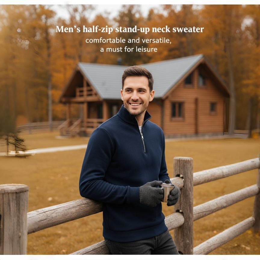Men's Quarter Zip Pullover Sweater - Solid Color Long Sleeve Casual Top Slim Fit Half Zip Sweatshirt for Autumn & Winter Outwear