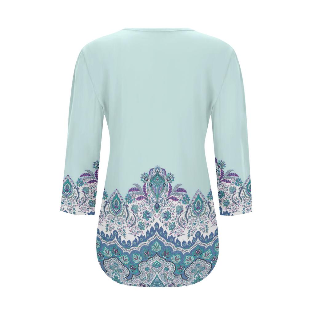 Women's Fashionable Casual Pleated Round Neck Casual Floral Print Seven Quarter Sleeved T-shirt Top