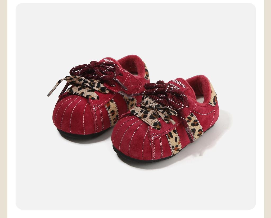 2025 Winter Leopard Print Retro Cotton Baby Shoes - Velvet Lined, Warm, Versatile, Casual German Training Design