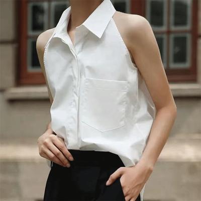 Nouvel Été Italie Élégant Mode Ample Décontracté Dame de Bureau Chemise Femme Solide Bouton Poches Revers Sans Manches Hauts Chics