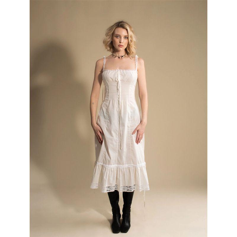 Pure White Eucalyptus French style Retro Romantic Pure Desire Lace Edge Patchwork Slim fit Gentle Sling Dress Long dress