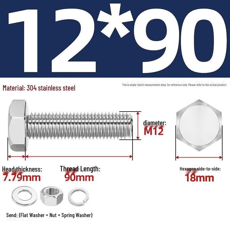 304 Stainless Steel Hex Head Bolt, Nut, & Washer Set