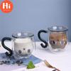Hallo Doppelwandiges Glas Milch Saft Tasse Kreative Nette Katze Form Kaffeetasse Cartoon Paar Teetasse mit Deckel Haushalt Büro Drinkware