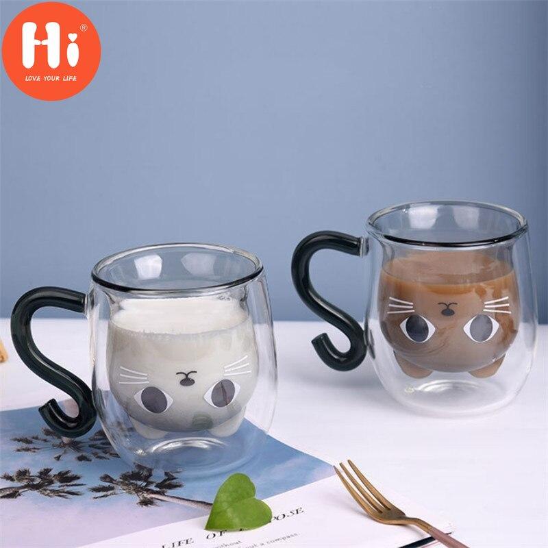 Hallo Doppelwandiges Glas Milch Saft Tasse Kreative Nette Katze Form Kaffeetasse Cartoon Paar Teetasse mit Deckel Haushalt Büro Drinkware